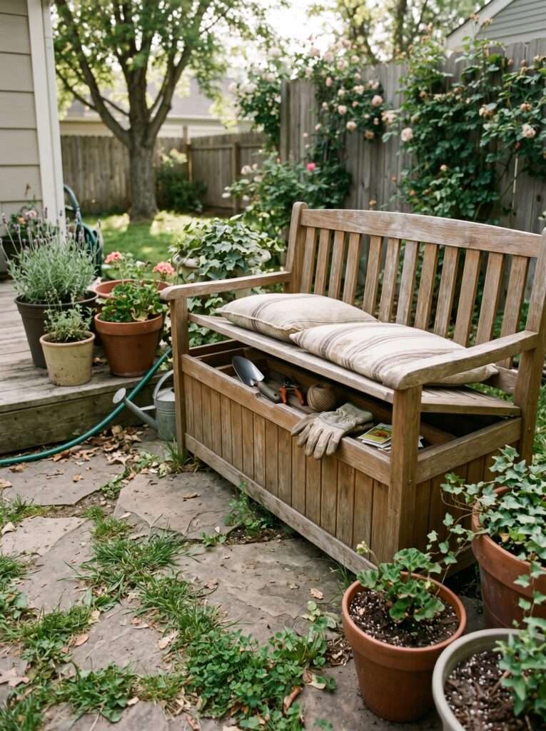 outdoor storage bench hiding garden tools on cozy patio