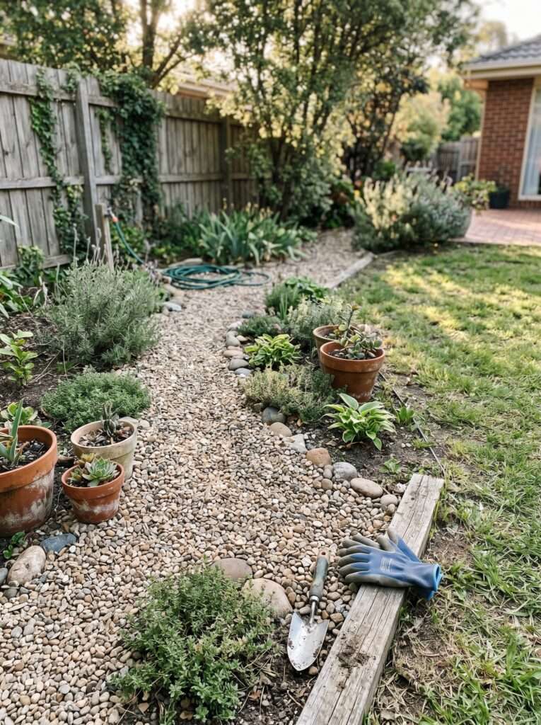 decorative gravel area hiding backyard drainage corner naturally
