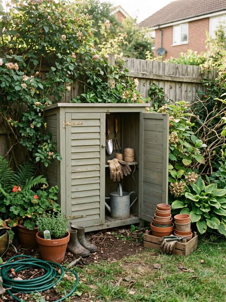 compact outdoor cabinet hiding gardening supplies beside fence