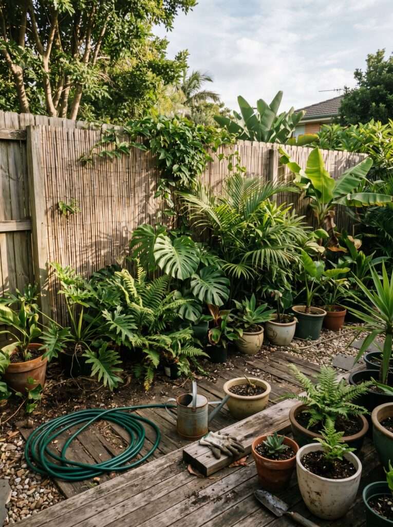 bamboo privacy screen hiding messy backyard storage area