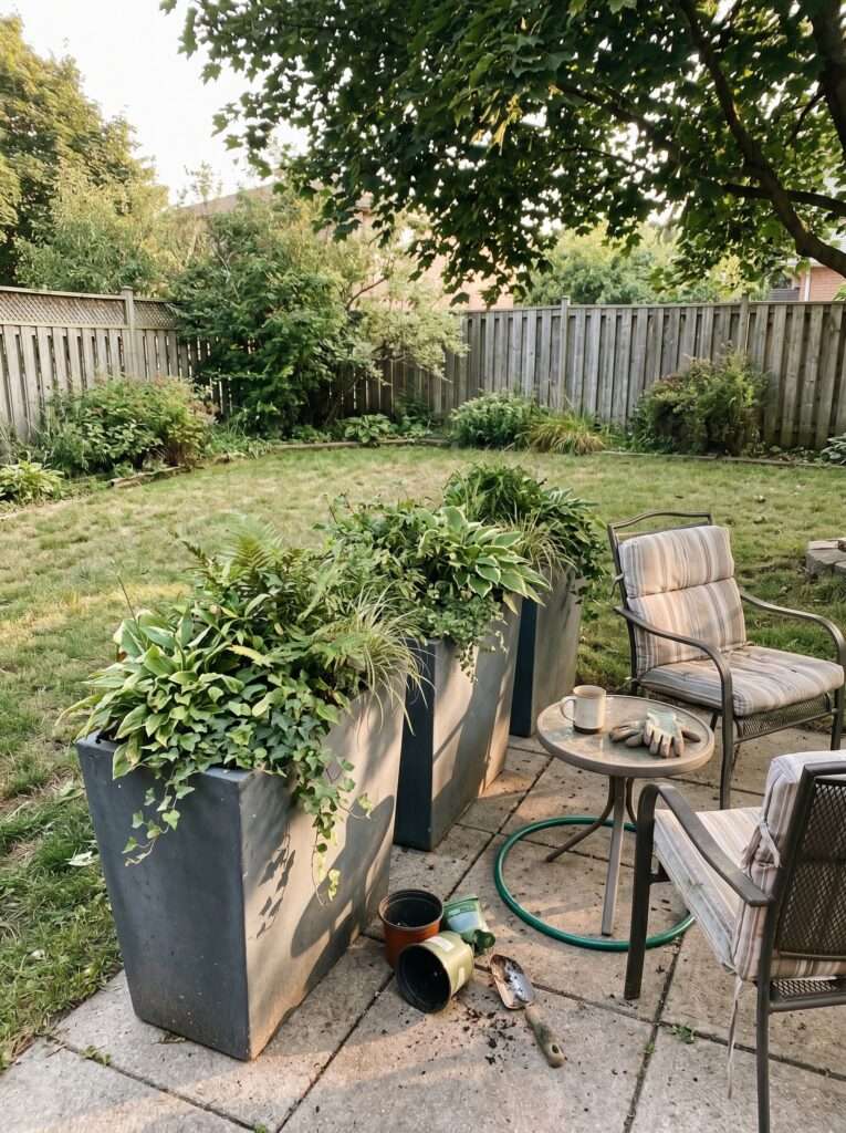tall planter boxes blocking clutter in small backyard patio