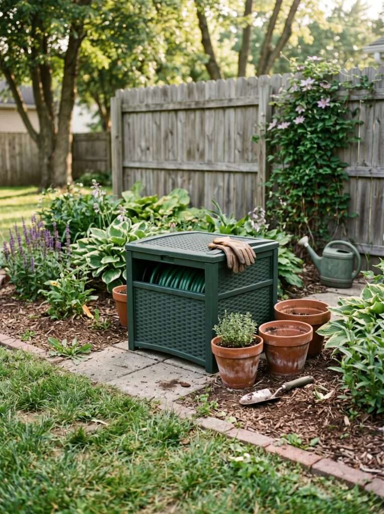 decorative hose reel box beside garden seating area