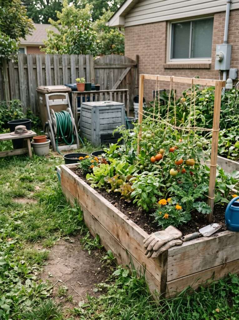 raised planter bed hiding utility zone in backyard