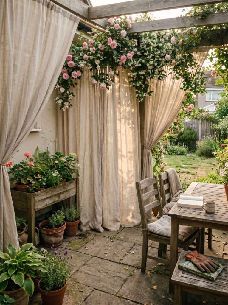 outdoor curtains covering messy patio storage corner naturally
