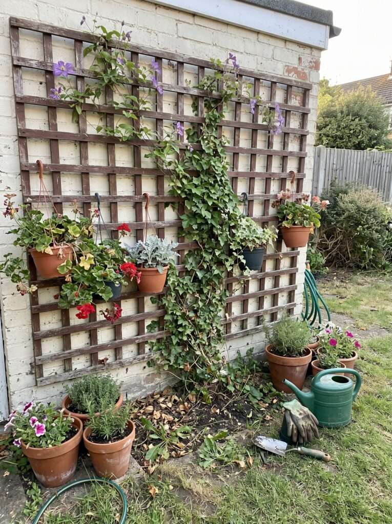 lattice panel with climbing plants hiding outdoor clutter