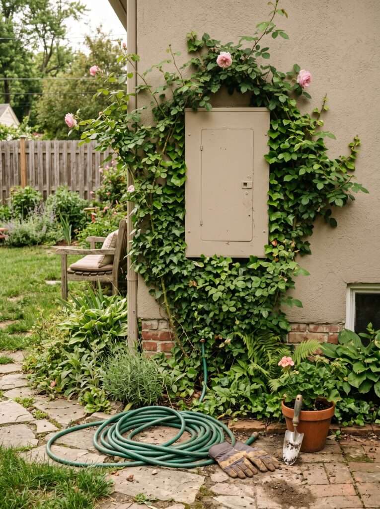painted utility box blending into backyard garden wall