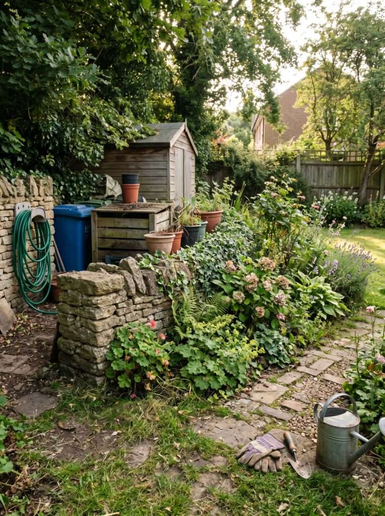 low stone wall hiding compost bin in backyard