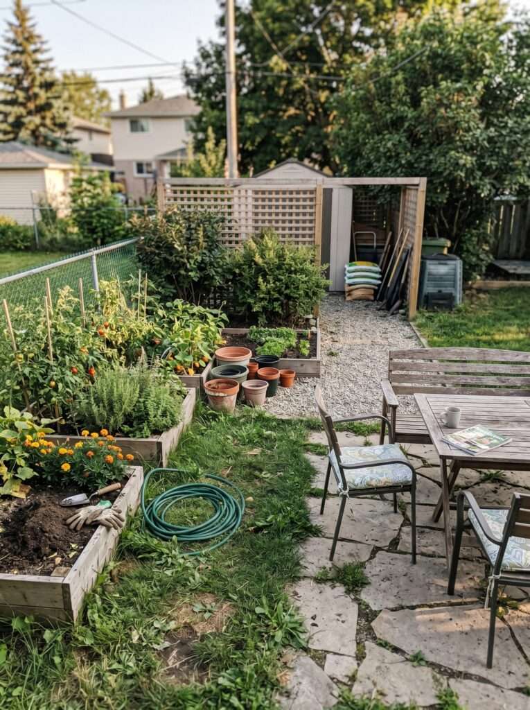 backyard garden zoning layout hiding clutter behind seating area