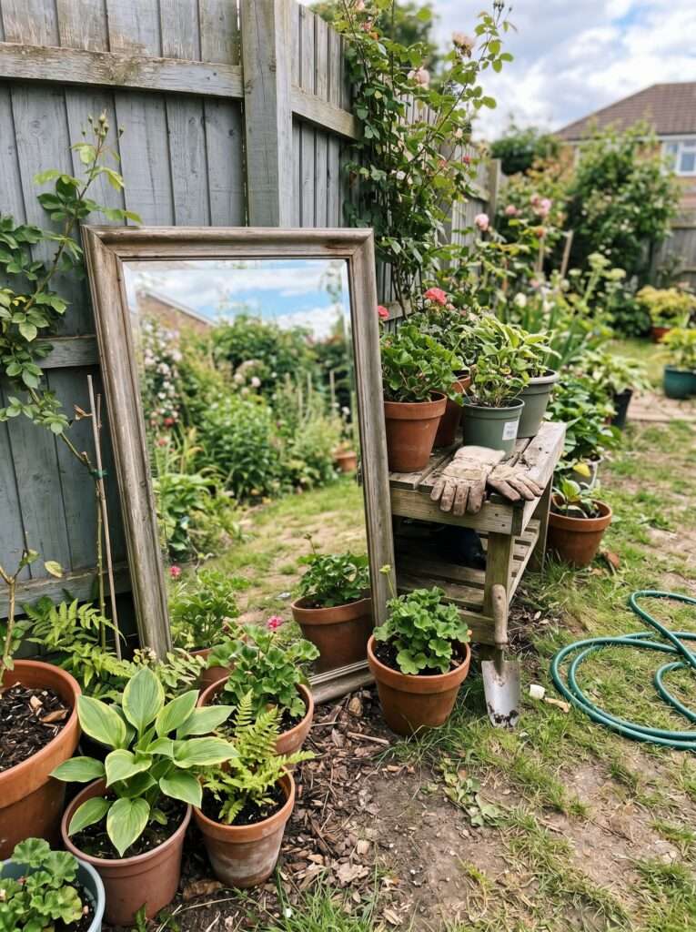 outdoor mirror reflecting plants in small backyard garden