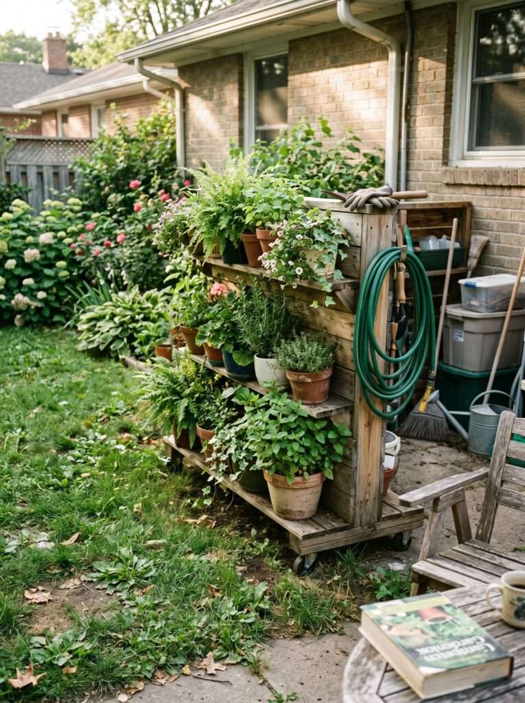rolling plant wall hiding backyard storage and tools