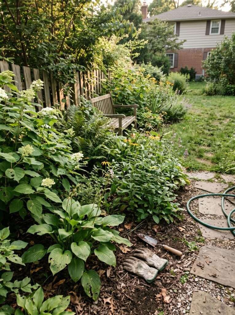 layered garden plants naturally hiding outdoor storage corner