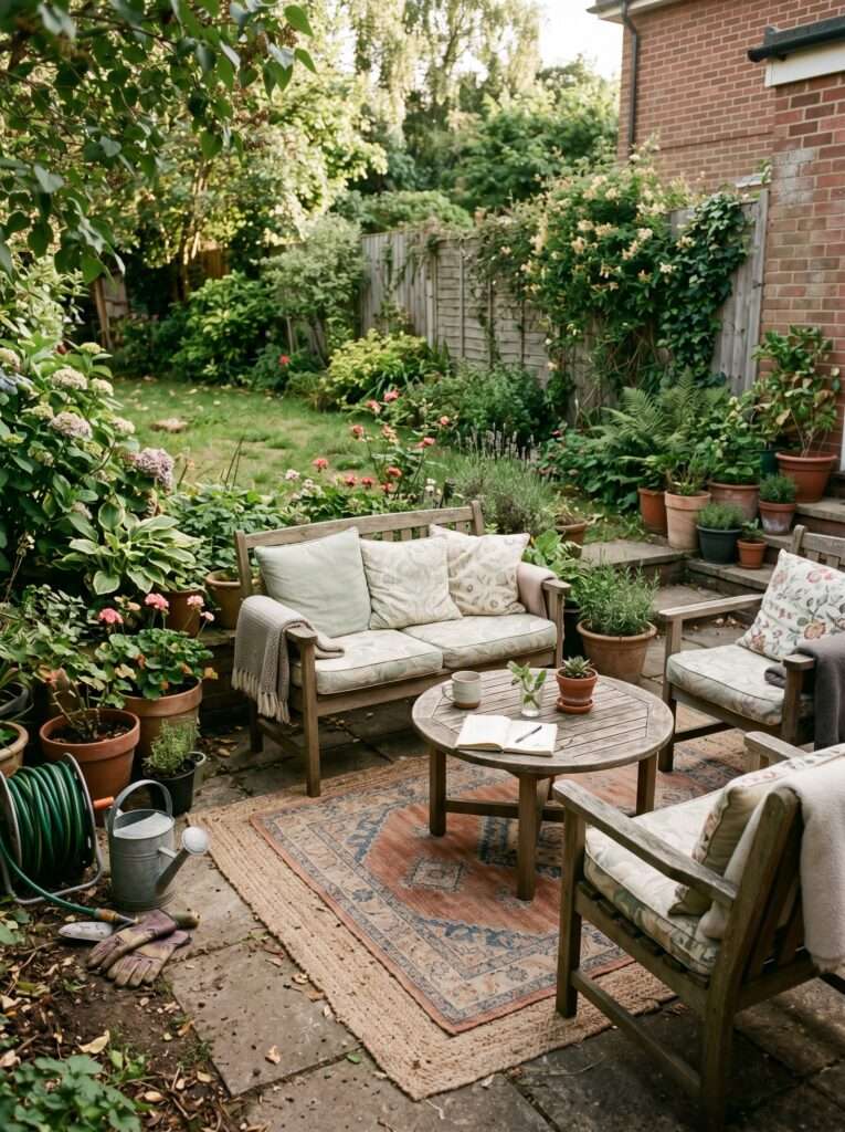 cozy patio rug creating focus away from backyard clutter