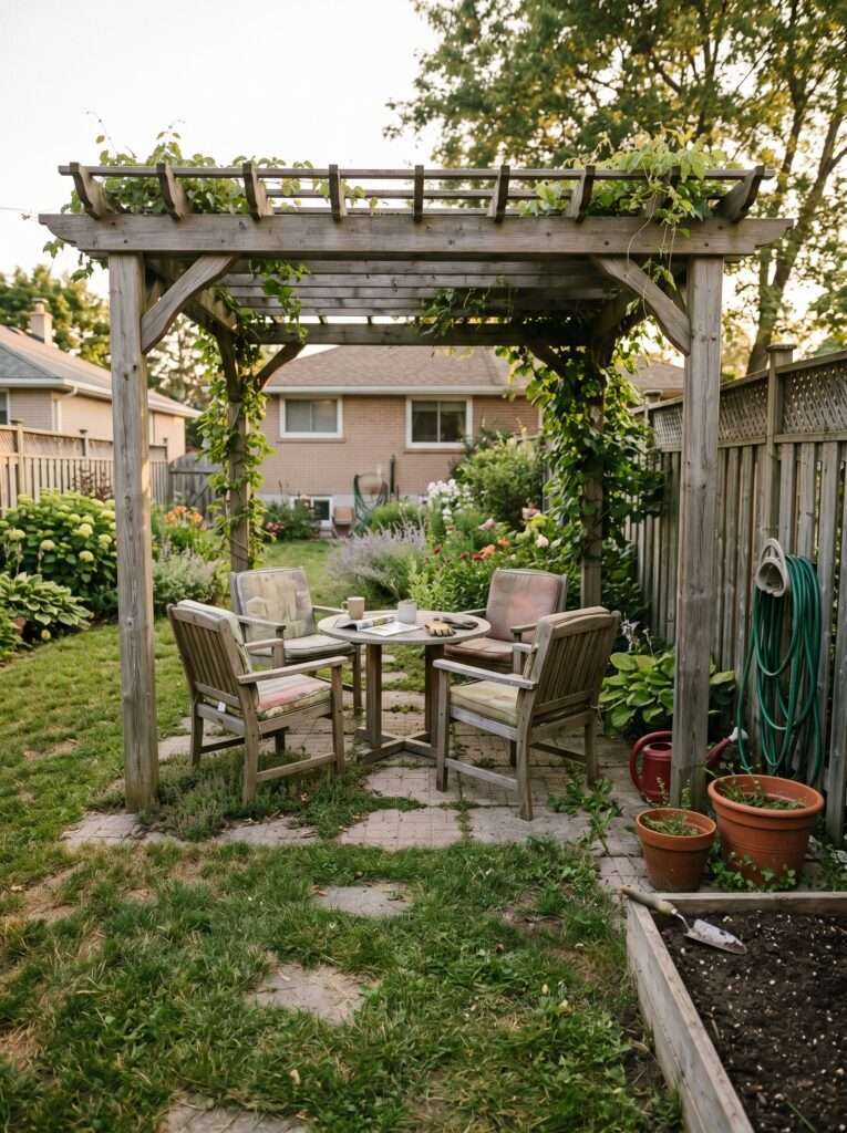 pergola seating area hiding clutter behind backyard structure
