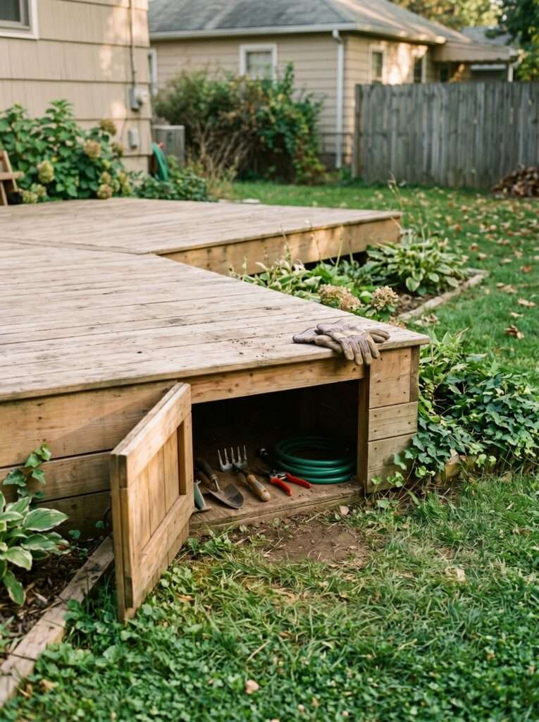hidden deck storage compartment organizing backyard garden tools