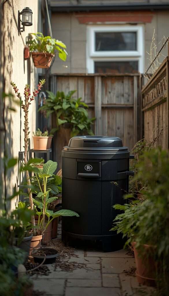 Compact black compost tumbler on a small backyard terrace