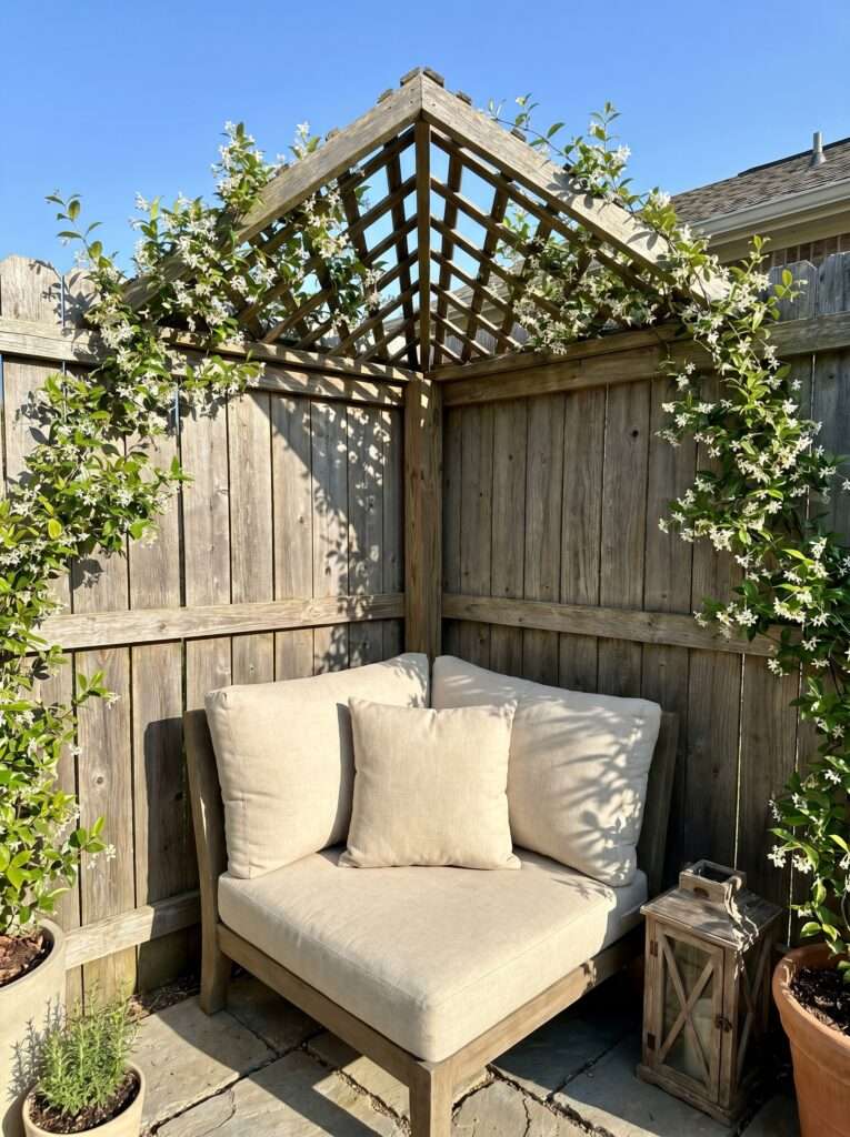 White canvas curtains hung from a wooden pergola next to a outdoor wicker sofa.