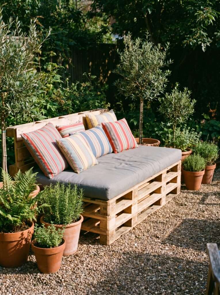 DIY garden daybed made from stacked shipping pallets with gray cushions and outdoor pillows.