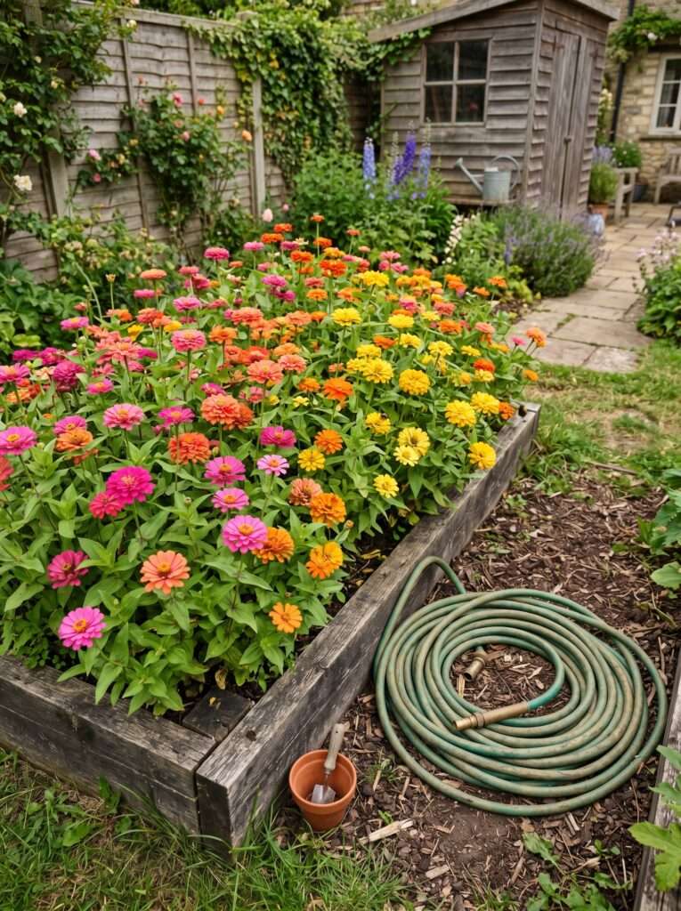 A colorful, unpruned patch of mixed zinnias growing next to a green garden hose in a real backyard setup.