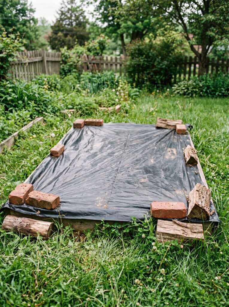 Black plastic tarp covering a garden bed to terminate cover crops in early spring.