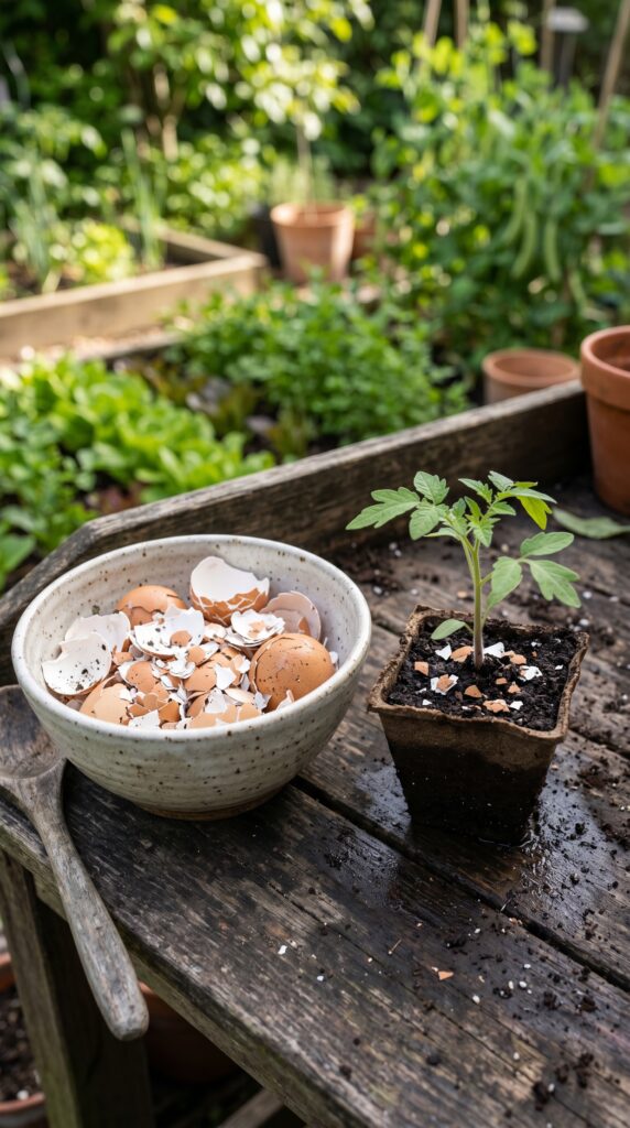 A ceramic bowl filled with coarsely crushed white and brown eggshells sitting in the dirt next to a newly planted green bell pepper seedling.