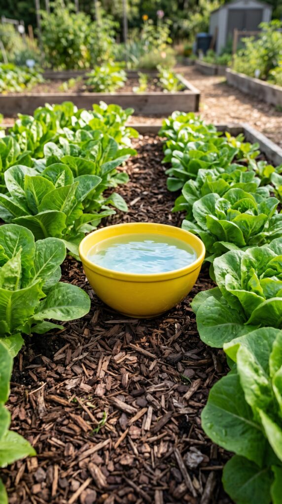 A bright canary-yellow cereal bowl filled with soapy water placed on a bed of straw mulch between rows of fresh garden lettuce.