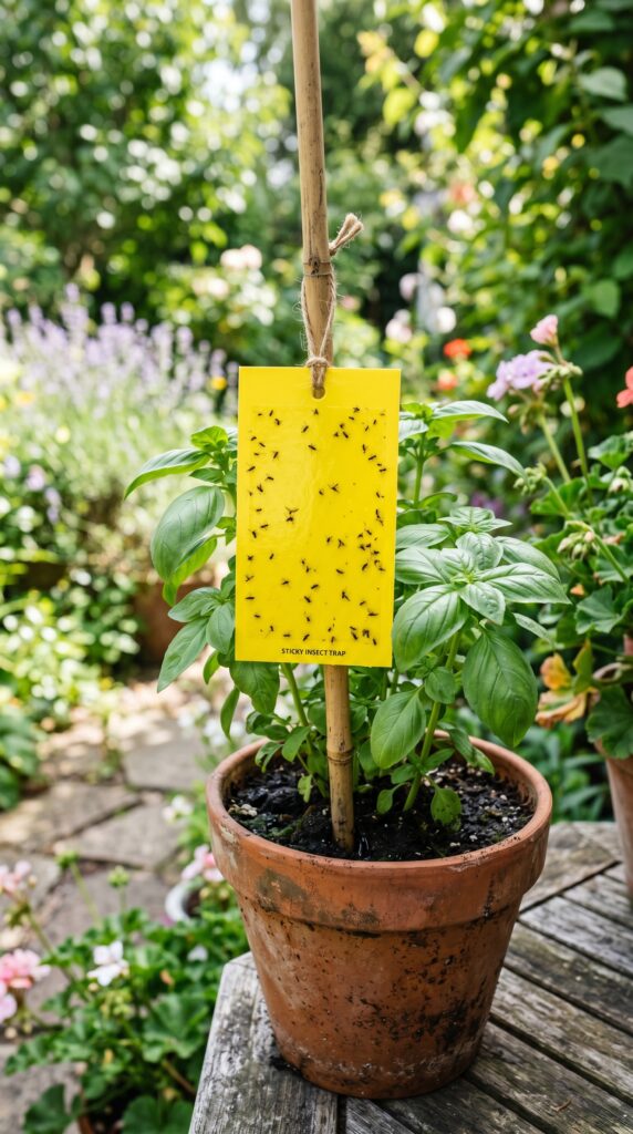 A bright yellow rectangular sticky trap attached to a wooden stake, positioned among young green seedlings in a sunlit indoor grow room.