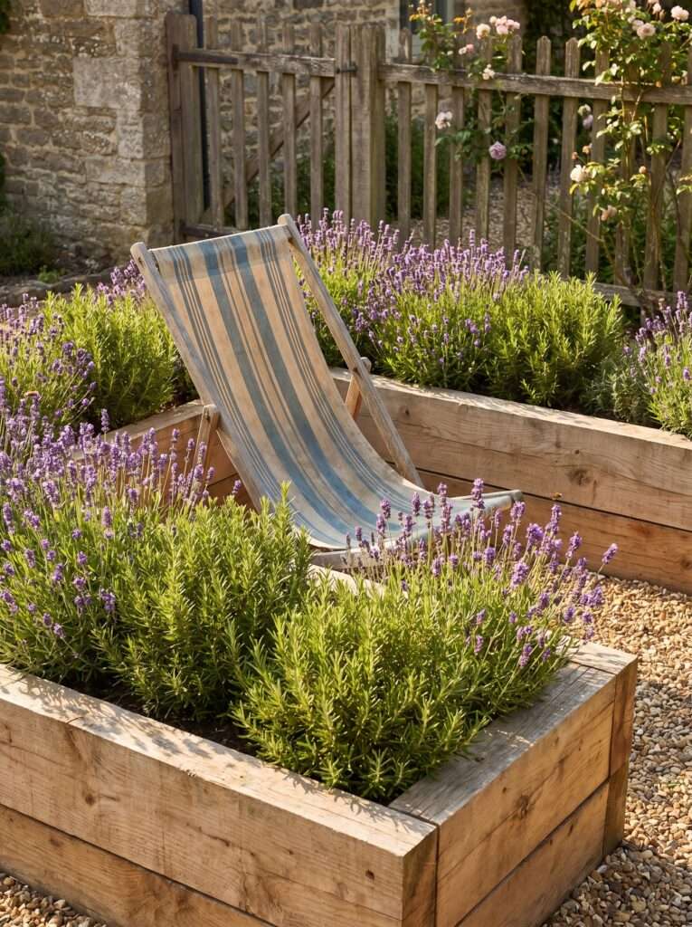 Canvas deck chair surrounded by a U-shaped raised bed filled with blooming lavender.