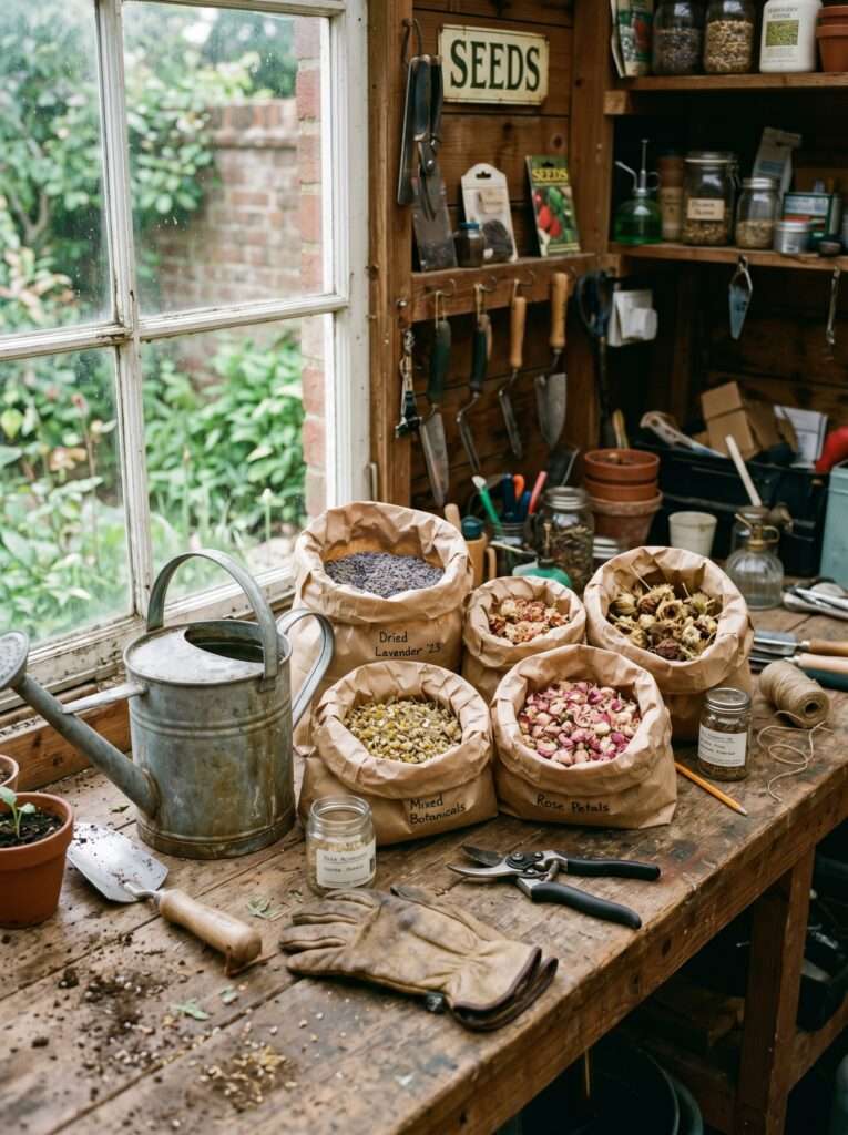 A messy garage workbench with gardening tools and drying zinnia flower heads spread out under natural window light.