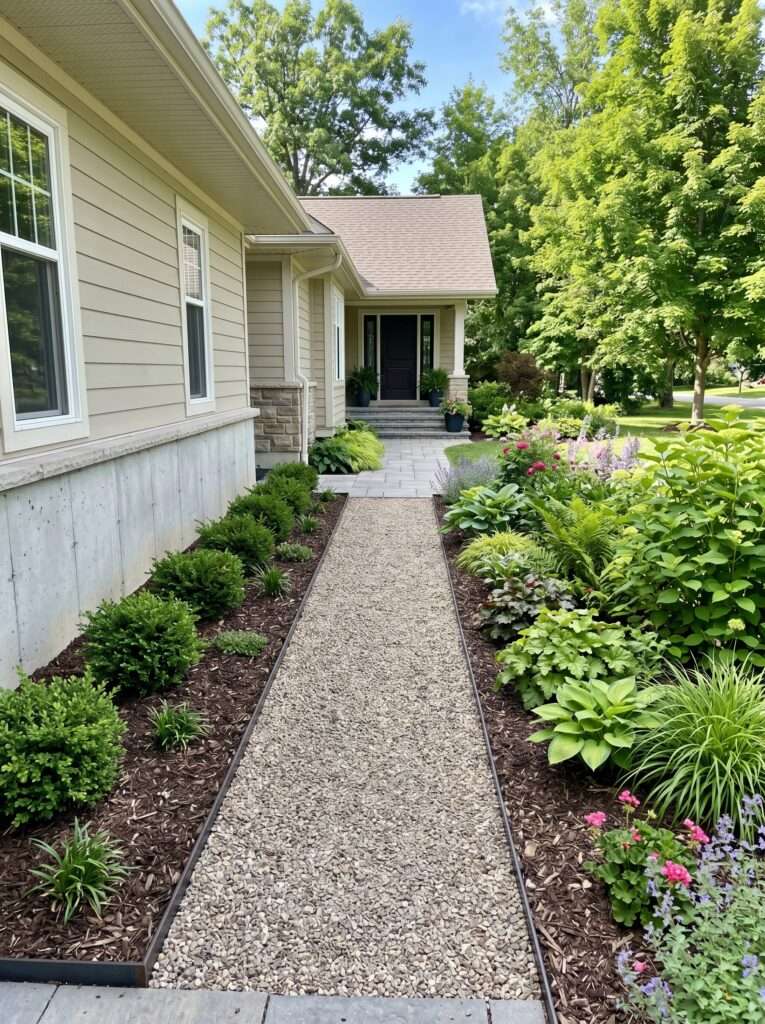 A wide gravel path creating a clean break between a house wall and garden beds