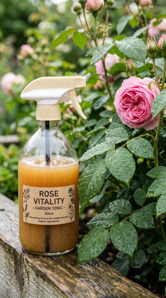 A vintage-style glass spray bottle filled with a milky neem oil mixture, resting on a garden bench next to a vibrant rose bush with dew-covered leaves.