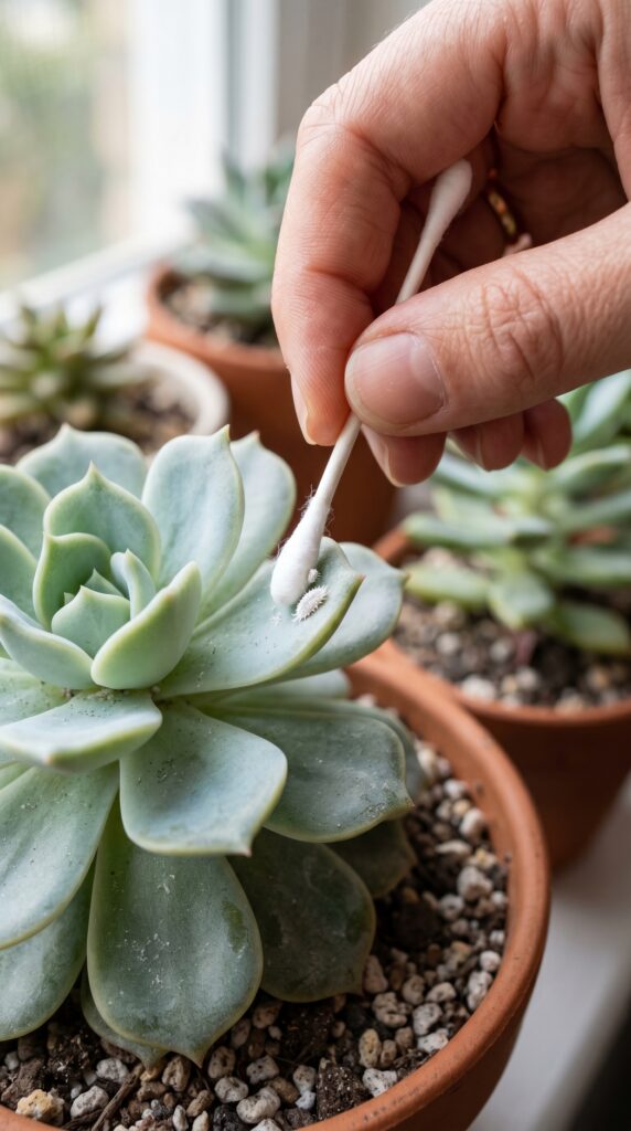 Close-up of a person using a cotton swab to precisely treat a white, fuzzy mealybug on the thick leaf of a green Jade succulent