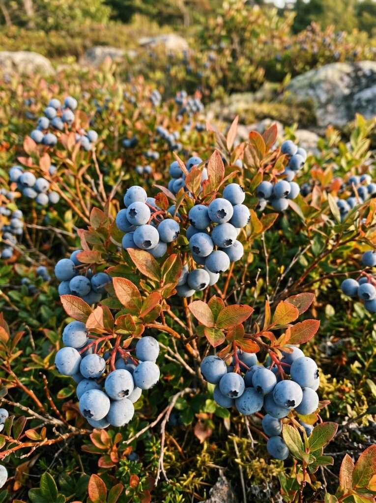 Ripe, dusty blue native blueberries clustered on a green shrub with hints of fall red in the leaves.