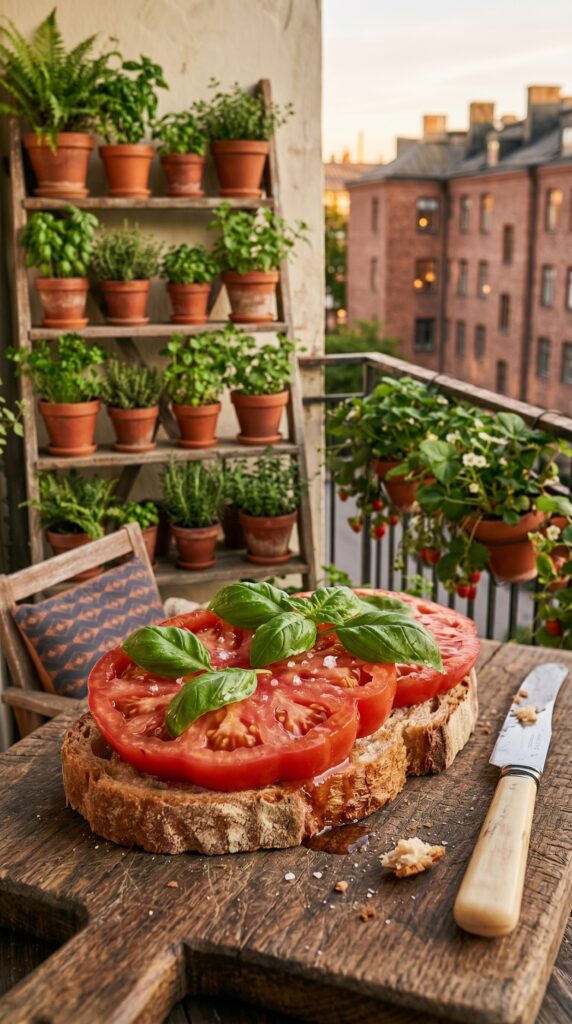 Small harvest basket on a balcony table with homegrown tomatoes and fresh basil leaves.