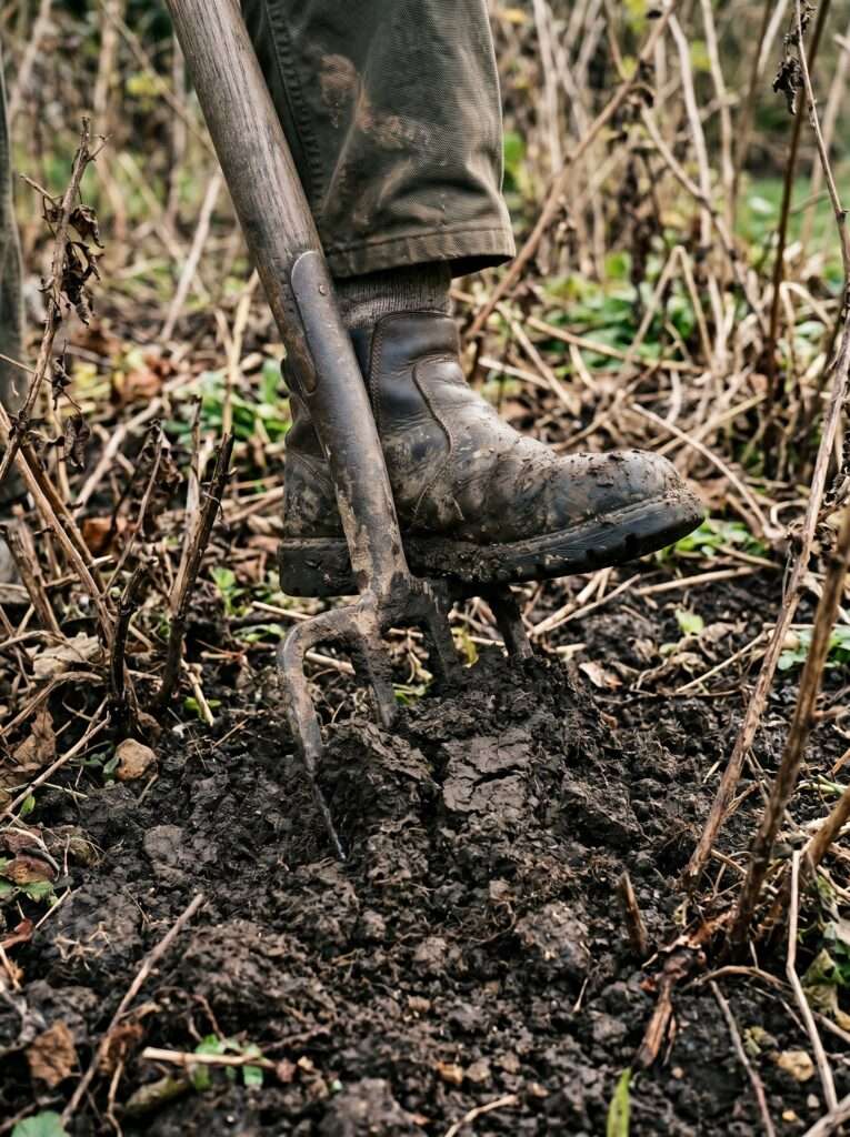 Pitchfork being pushed into garden soil by a muddy boot to aerate a bed.