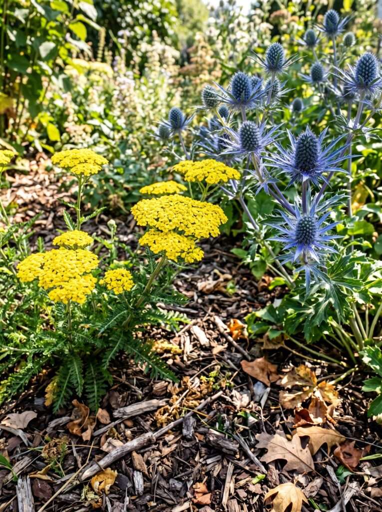 Yellow yarrow and blue sea holly flowers growing in a sunny yard