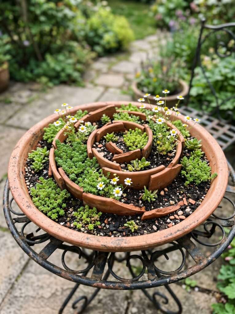 Miniature herb spiral made from broken terracotta shards in a shallow bowl.