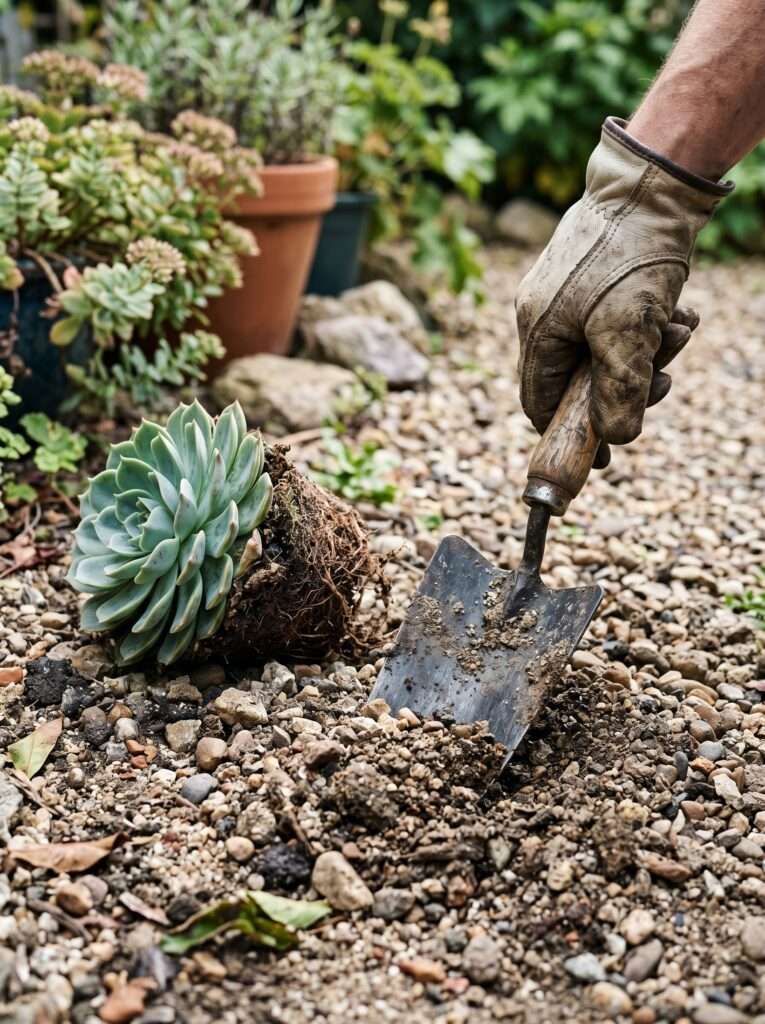 Digging a planting hole in loose sandy soil for a fire resistant succulent