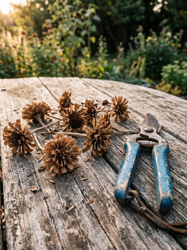 Dry brown zinnia seed heads sitting on a weathered wooden garden table next to old pruning shears in natural outdoor light.