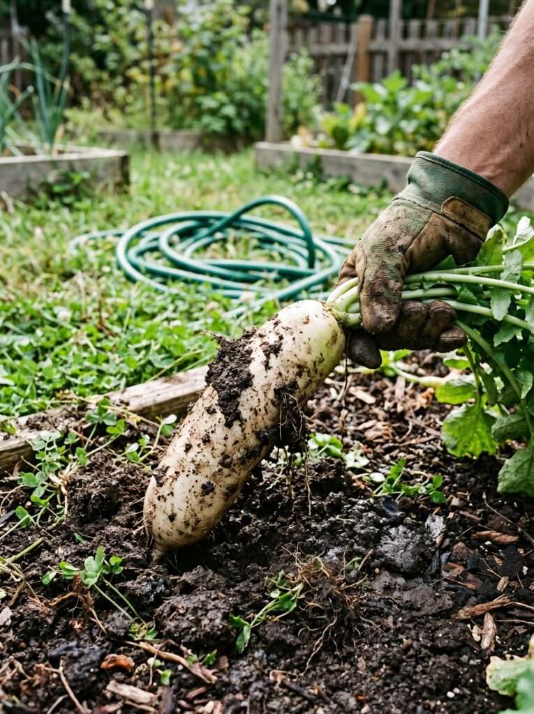 Home gardener pulling a tillage radish cover crop out of clay soil to show root depth.