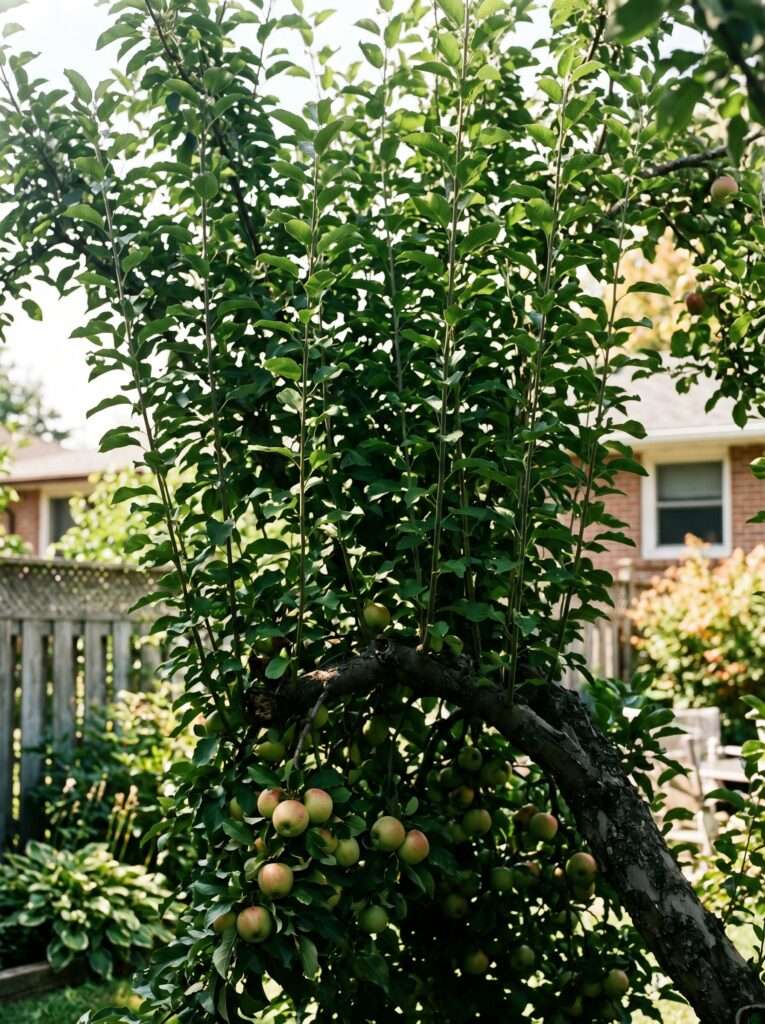 A close-up shot of an overgrown apple tree canopy in a backyard in August, showing dense vertical water sprouts blocking sunlight from reaching the ripening fruit below.