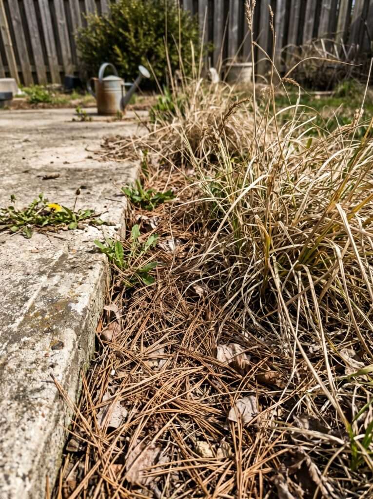 Dry flammable plant debris accumulated near a home concrete patio foundation.