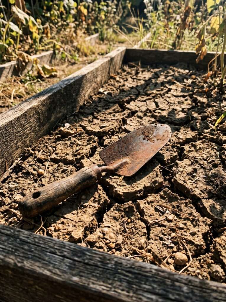 Dry cracked garden soil in a raised bed with a hand trowel during late summer.