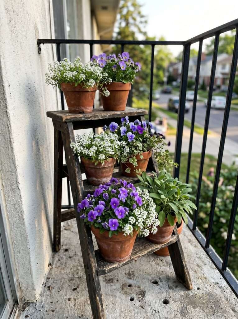 Weathered wooden step stool filled with clustered terracotta pots of flowers on an apartment balcony.