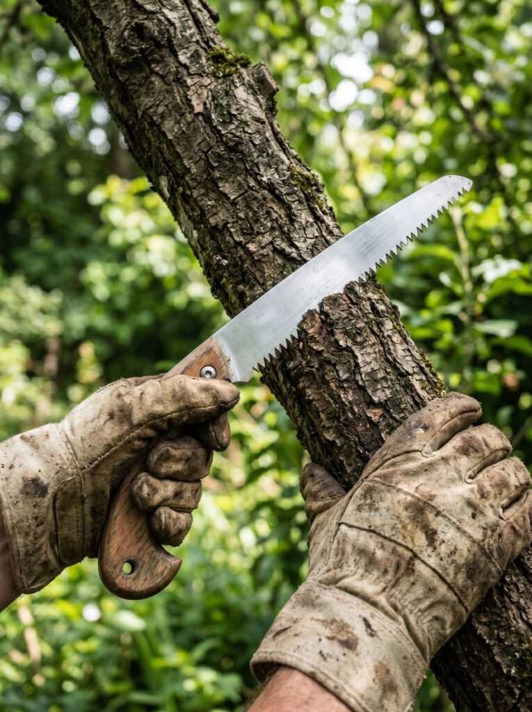 A close-up view of dirty canvas gardening gloves holding a clean, sharp pruning saw next to a thick tree branch with rough, authentic bark.