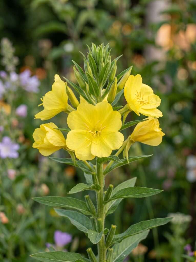 Bright yellow native Evening Primrose flowers with four distinct petals and upright green stems.