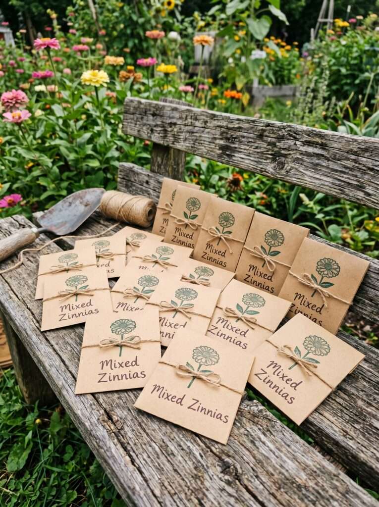 Handmade kraft paper seed envelopes labeled for zinnias resting on an old outdoor garden bench.