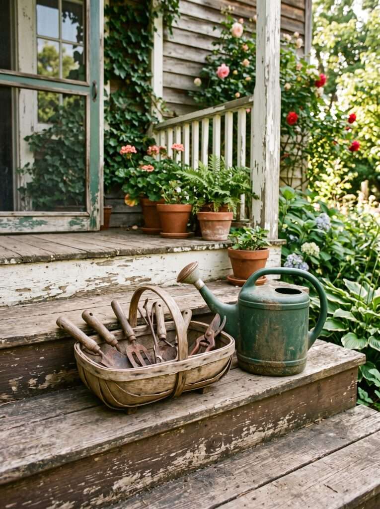 Vintage metal garden tools and a green watering can on a back porch step.