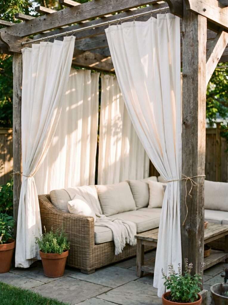 Cushioned corner armchair tucked under a DIY fence-top trellis covered in jasmine vines.