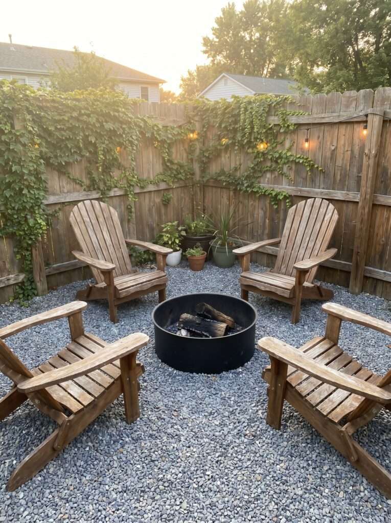 Weathered wooden Adirondack chairs around a pea gravel fire pit nook against a cedar fence.