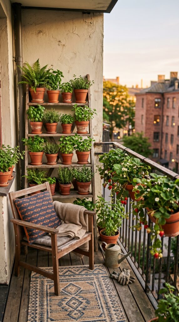 Wooden ladder shelf filled with terracotta pots and leafy greens on a 5x5 apartment balcony.